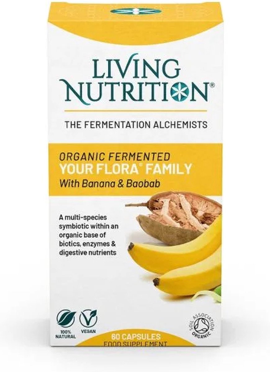 Goedkoopste Living Nutrition Family Gefermenteerde Baobab Banaan Your Flora BIO 60 Capsules