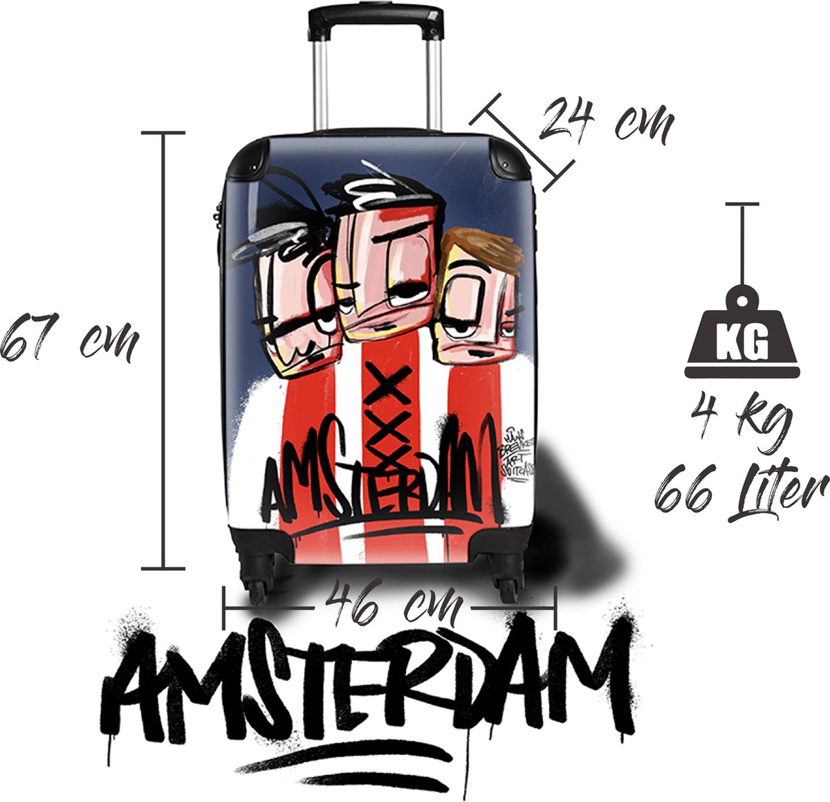 Amsterdam Ajaxart koffer. Originele HANS BREUKER™ Art Suitcase.Amsterdam! Geïnspireerd op Ajax. Reis in stijl, represent je stad met een echte Amsterdam koffer die maar weinigen hebben. Een originele manier om Ajax te supporten.