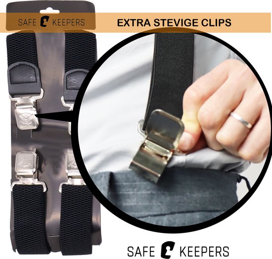 Zwarte bretels met een geweven textuur en zilverkleurige clips. "EXTRA STEVIGE CLIPS" is te lezen.