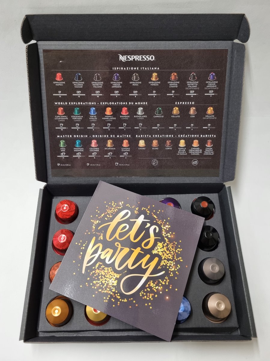 Goedkoopste Koffie Proeverij Pakket met 20 stuks verschillende smaken en Mystery Card 'Let's Party' met persoonlijke (video) boodschap | Verjaardag | Sinterklaas | Kerstpakket | Vaderdag | Moederdag | Jubileum | Valentijnsdag