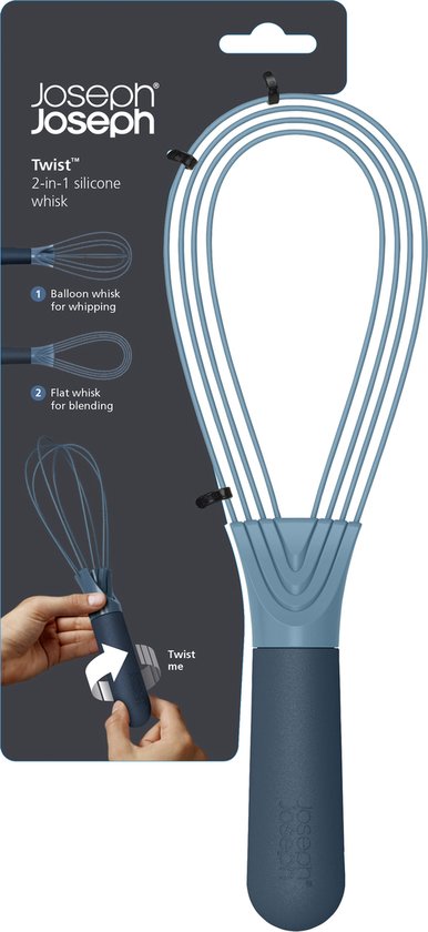 Emballage d'un fouet bleu pliable ; l'emballage montre le fouet en position pliée et dépliée.