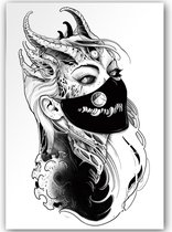 GlittersXL - Temporary Tattoo Duivel Vrouw met Masker (A5 formaat) [Neptattoo - Tijdelijke tatoeage - Nep Fake Tattoos - Water overdraagbare festival sticker henna outfit tattoo - Glitter tattoo - Volwassenen Kinderen Jongen Meisje]