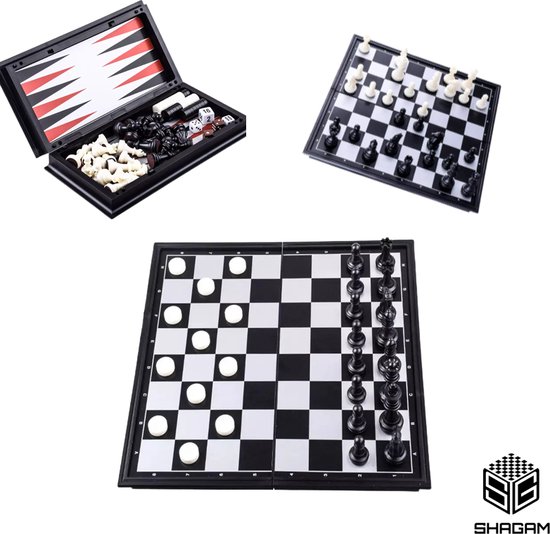 Afbeelding van het spel 3-in-1 Bordspel - 32 cm - Plastic - Magnetisch - Schaakbord - Dambord - Backgammon - Schaakspel - Schaakset - Schaken - Dammen - Met Schaakstukken - Chess - Hout - Opklapbaar