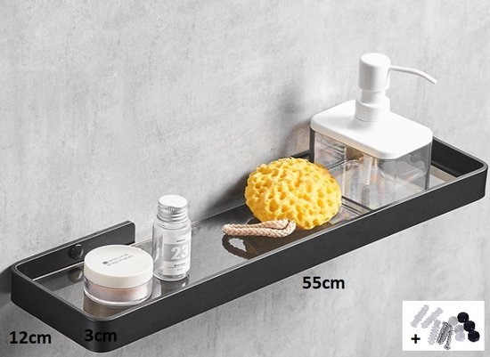 VDN Stainless Planchet - Planchet badkamer - Wandplank - Zwart - Glas - RVS - Hangend VDN Stainless Planchet - Planchet badkamer - Wandplank - Zwart - Glas - RVS - Hangend