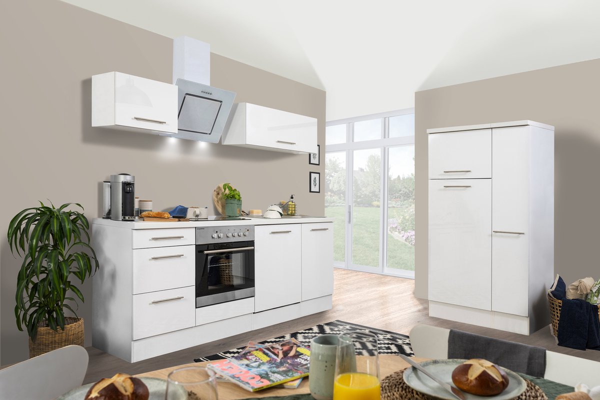 Goedkope keuken 310 cm - complete keuken met apparatuur Amanda - Wit/Wit - soft close - keramische kookplaat - vaatwasser - afzuigkap - oven - spoelbak