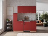 Goedkope keuken 180  cm - complete kleine keuken met apparatuur Gerda - Beuken/Rood - keramische kookplaat  - koelkast          - mini keuken - compacte keuken - keukenblok met apparatuur