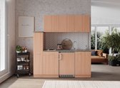 Goedkope keuken 180  cm - complete kleine keuken met apparatuur Gerda - Beuken/Beuken - elektrische kookplaat  - koelkast          - mini keuken - compacte keuken - keukenblok met apparatuur