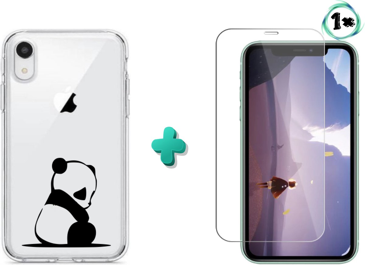 Apple Iphone XR pandabeer hoesje design transparant siliconen telefoonhoesje - Panda + 1x Tempered glass screenprotector