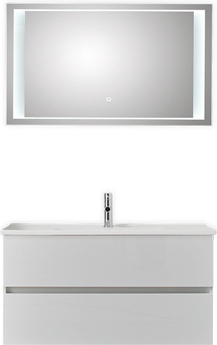 Badkamermeubel Pelipal Valencia 100 cm wastafelonderkast greeploos 2 laden met luxe spiegel Wit Zijdeglans met kraangat