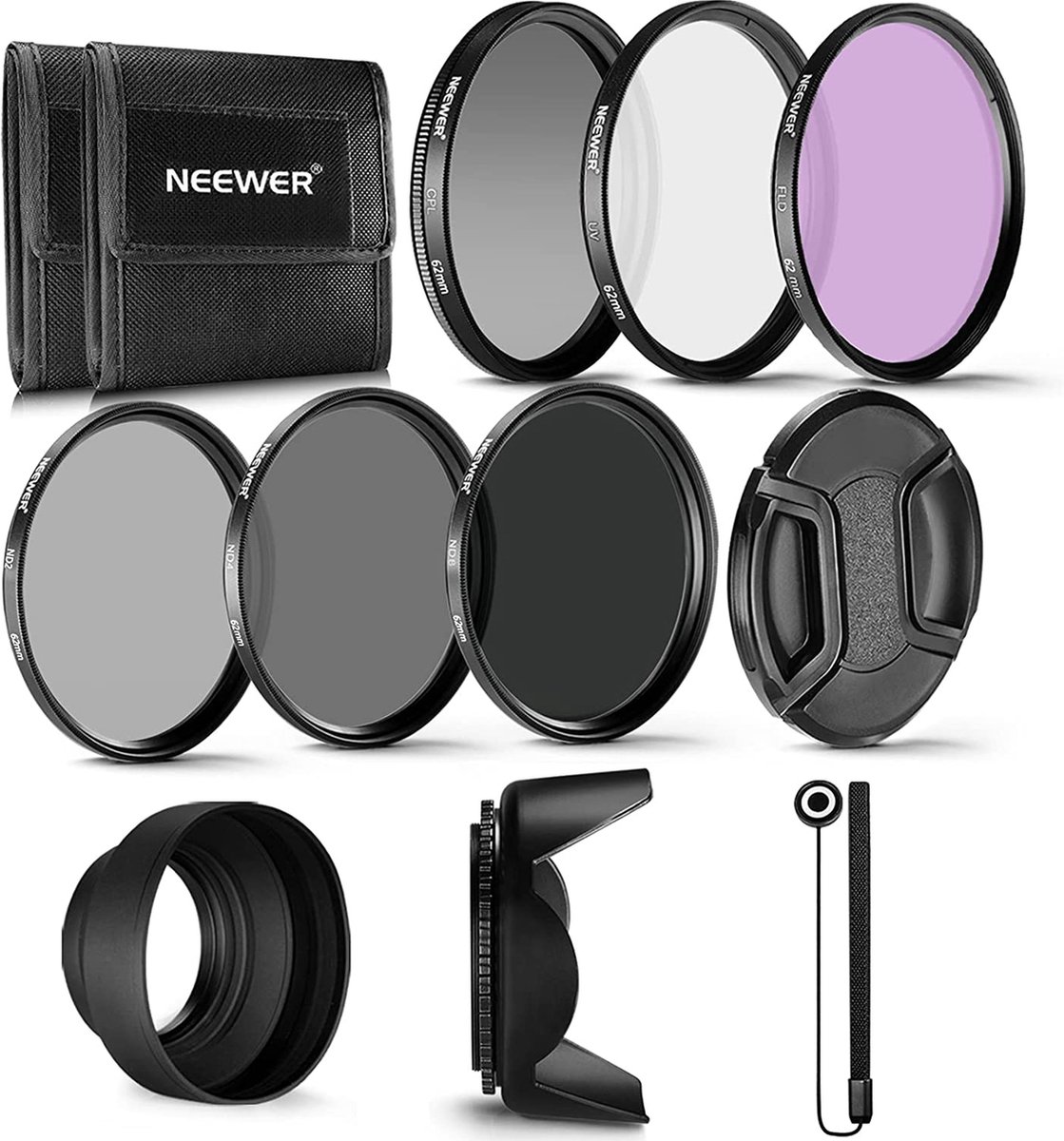 Neewer® - 62mm Filter Professionele UV- CPL - FLD lensfilter en ND Grijsfilter (ND2 ND4ND8) - Accessoire kit voor Pentax (K-30 K-50 K-5 K-5) en Sony Alpha A99 A77 A65