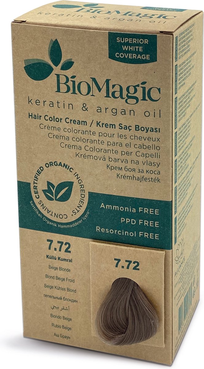 Permanente Haarverf met Biologische Ingrediënten BEIGE BLOND 7/72 BioMagic (*) Natuurlijke Haarverf in Apotheken [Ammoniak vrij/ PPD vrij/ Resorcinol vrij]