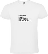 Wit T-Shirt met “ LONDON, PARIS, NEW YORK, BRONKHORST “ Afbeelding Zwart Size XXXXXL