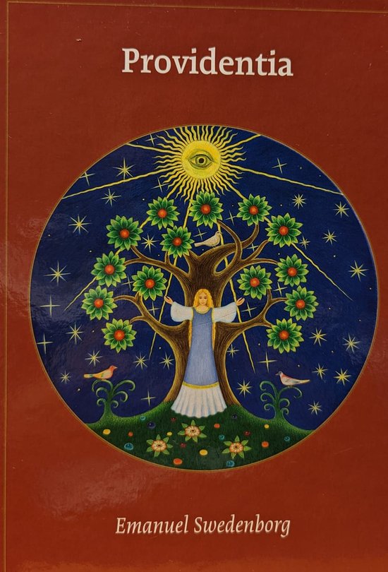Een cirkelvormige illustratie met de titel "Providentia" en "Emanuel Swedenborg". Een vrouw met blonde haren, in een blauw-wit kleed, staat onder een boom met groene bladeren en rode vruchten. Boven de boom schijnt een zon met een oog erin. De achtergrond is donkerblauw met sterren.
