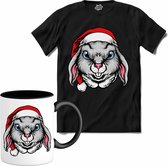 Flappy het kerst konijn - T-Shirt met mok - Meisjes - Zwart - Maat 12 jaar