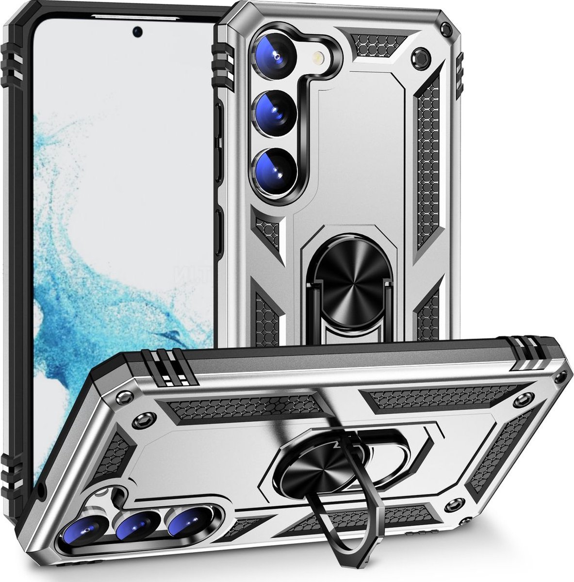 Mobigear Hoesje geschikt voor Samsung Galaxy S23 Telefoonhoesje Hardcase | Mobigear Armor Ring Backcover Shockproof met Ringhouder | Schokbestendig Galaxy S23 Telefoonhoesje | Anti Shock Proof - Zilver