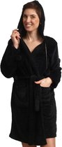 Zwarte badjas dames - capuchon - kort 90 cm - fleece - cadeau voor haar - Maat L