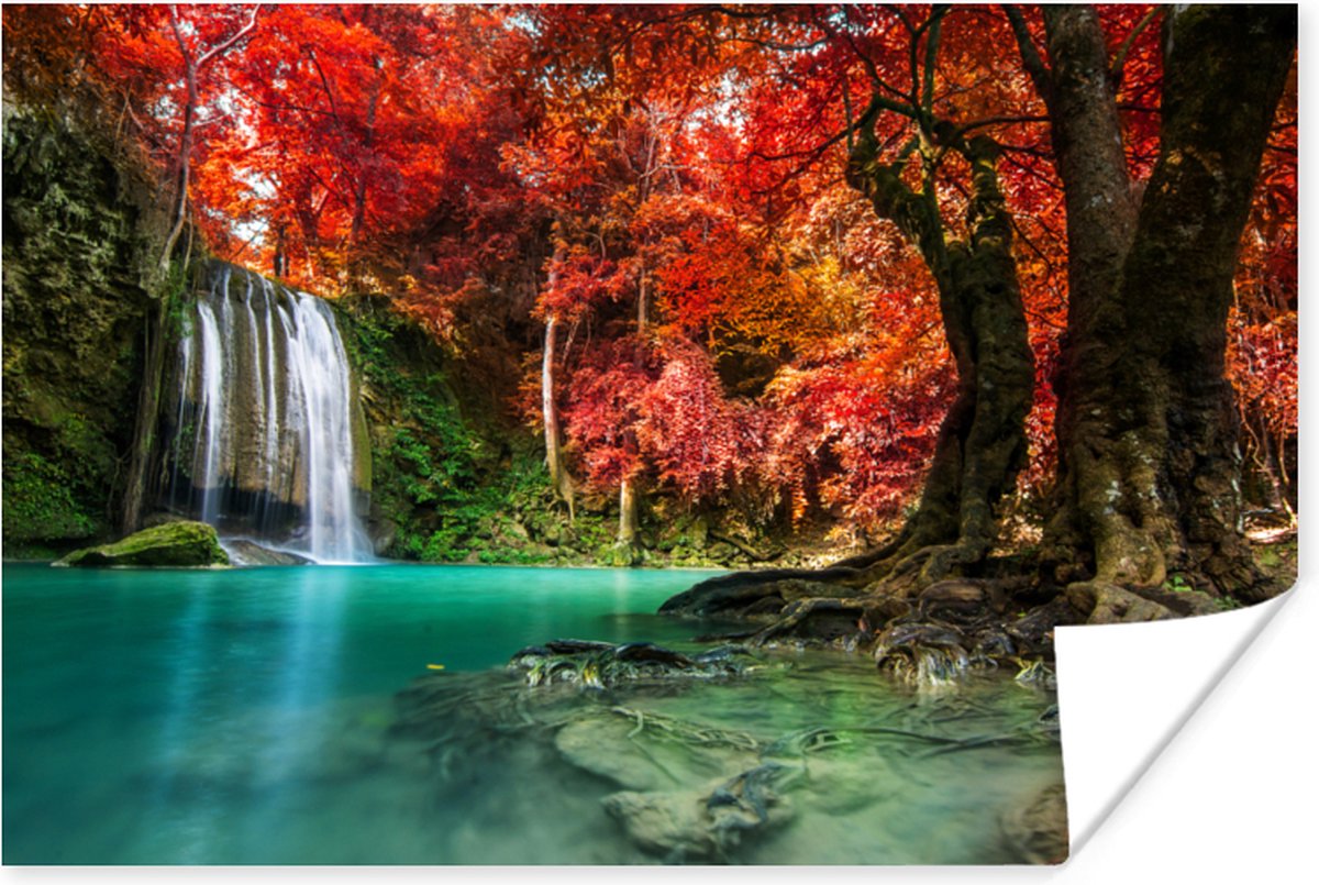 Poster Waterval - boom - Rood - Herfst - Water - 90x60 cm