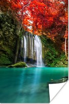 Poster Waterval - boom - Rood - Herfst - Water - 20x30 cm
