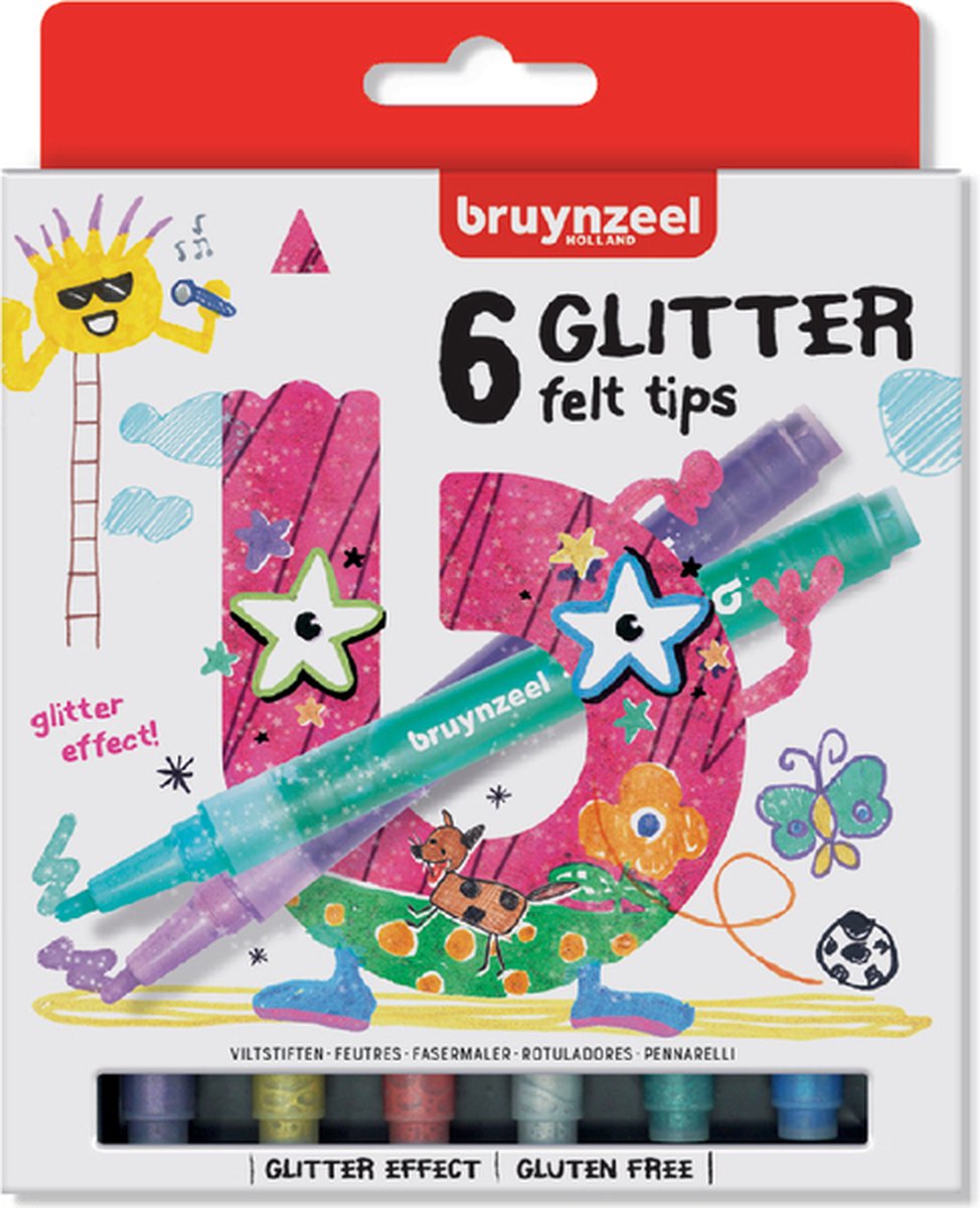 Viltstift Bruynzeel Kids glitter blister à 6 stuks assorti - 6 stuks - 6 stuks