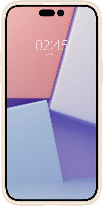 Coque Spigen Crystal Hybrid beige pour iPhone 14 Pro Max avec un fond d'écran abstrait.