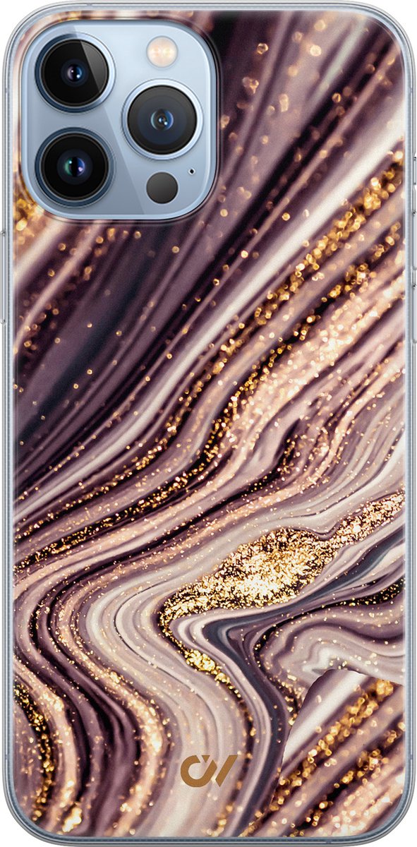 Hoesje geschikt voor Apple iPhone 13 Pro Max - Golden Pink Marble - - Paars - Apple - Casevibes