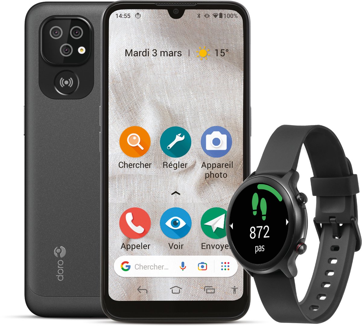 Doro 8100 4G Eenvoudige Senioren Smartphone + Smartwatch (Zwart) - Cadeau Bundel