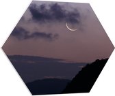 WallClassics - PVC Schuimplaat Hexagon  - Smalle maan Met Wolken en Bergen - 70x60.9 cm Foto op Hexagon (Met Ophangsysteem)