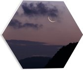 WallClassics - PVC Schuimplaat Hexagon  - Smalle maan Met Wolken en Bergen - 30x26.1 cm Foto op Hexagon (Met Ophangsysteem)