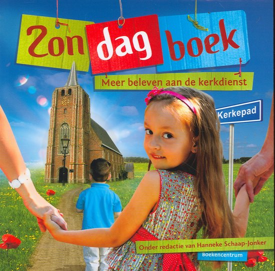 Meisje met rode haarband en jurk loopt hand in hand met volwassene naar een kerk. Titel Zondagboek.