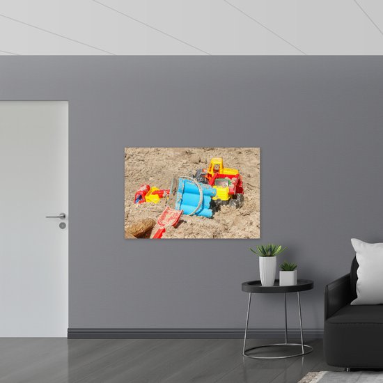 WallClassics - Bois - Jouets dans le bac à sable - 120x80 cm - 12 mm d'épaisseur - Photo sur bois (avec système de suspension)