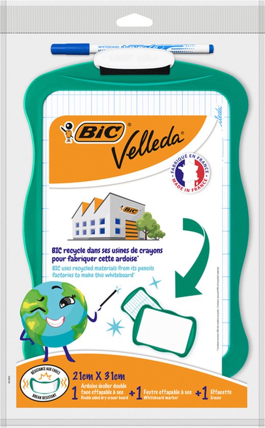 Whiteboard Bic Velleda recycled 21x31cm + stift + wisser - 24 stuks