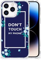 Shockproof Case iPhone 14 Pro Smartphonehoesje met transparante rand Flowers Blue Don't Touch My Phone