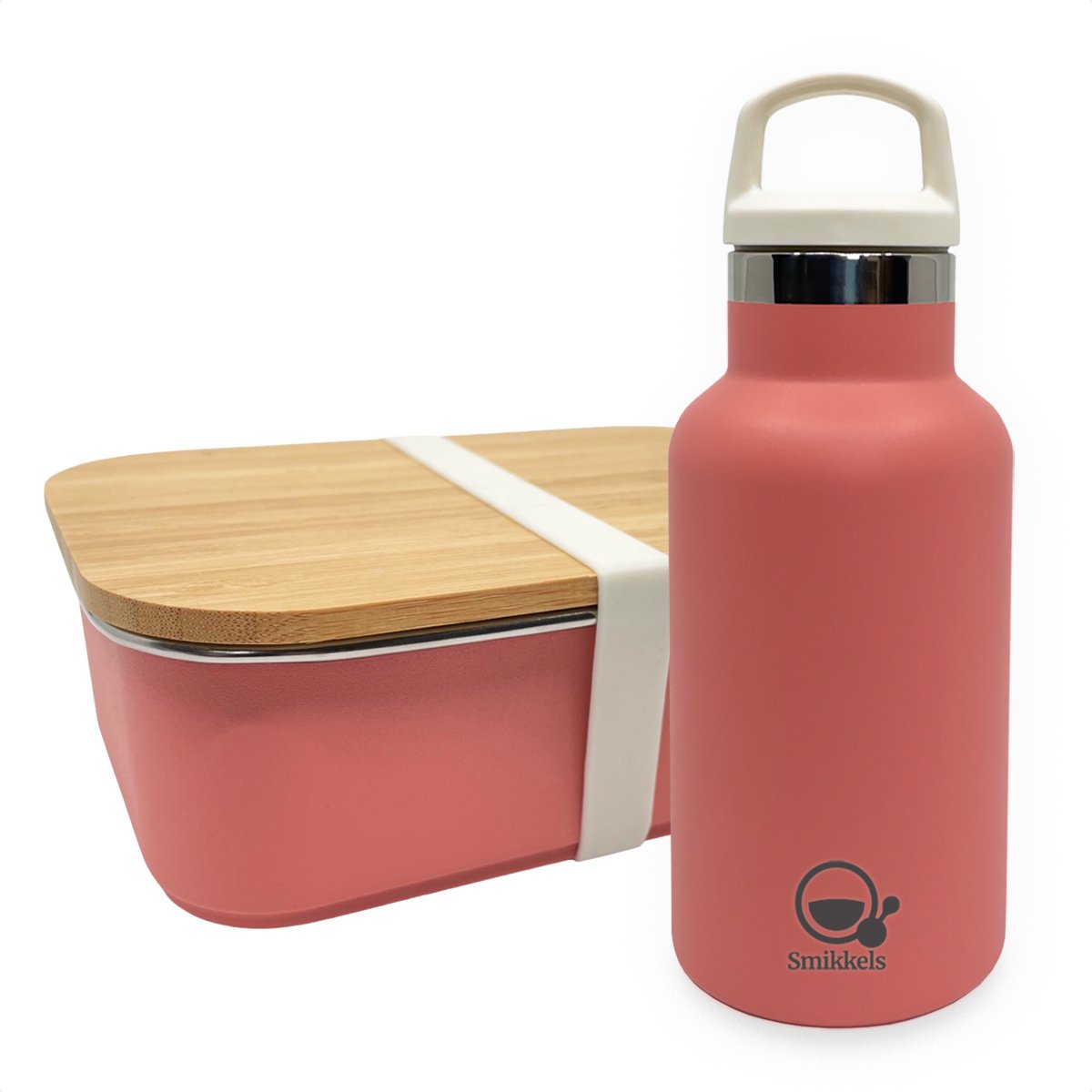Smikkels - Lunchset RVS lunchbox met thermos drinkfles - Roze - Duurzaam - Fles 350ml met afsluitdop en rietjesdop - broodtrommel 900ml met bamboe deksel en elastiek - thermosfles - kind