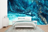 Behang - Fotobehang Marmerlook - Blauw - Goud - Luxe - Glitter - Marmer - Breedte 400 cm x hoogte 240 cm