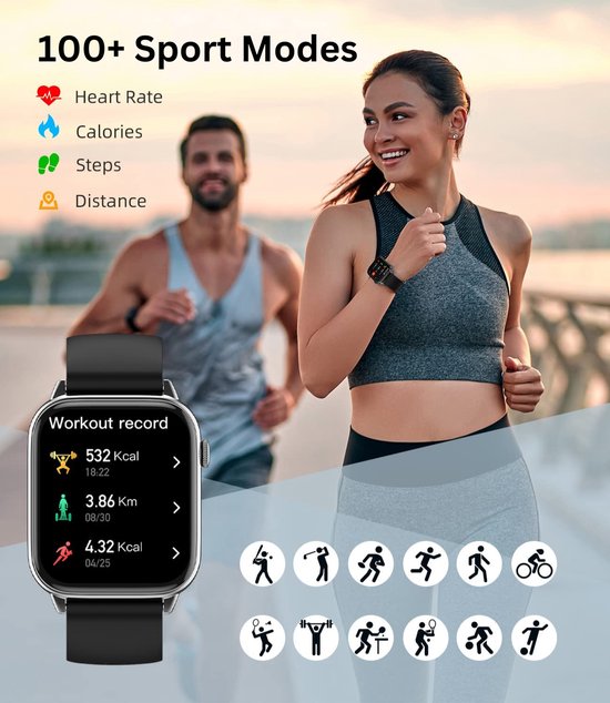 SAMTECH Smartwatch - Heren & Dames – horloge – met HD Touchscreen - Stappenteller, Calorie Teller, Slaap meter – Geschikt voor Samsung, iPhone, Apple iOS, Android en meer - Zwart - Samtech