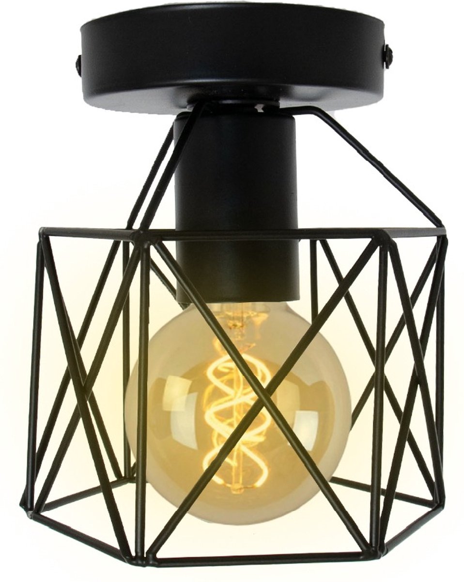 iDEGU Industriële metalen vierkante kooi plafondlamp, kroonluchter schaduw ijzeren verlichtingsarmatuur E27 40W zwart voor woonkamer slaapkamer bar (Hexagone 1 Pack