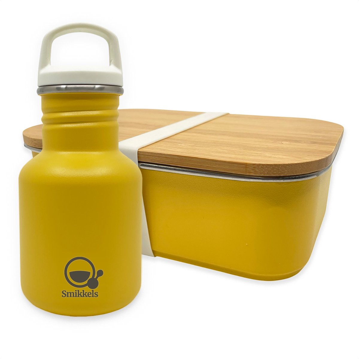 Smikkels - Schoolset RVS lunchbox met drinkfles kind - Geel - Duurzaam - Afsluitdop en rietjesdop - Lunchset Broodtrommel en Schoolbeker - Basisschool