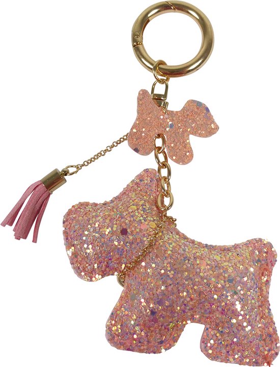 Sleutelhanger/Tashanger Goud - Roze Hondje en Puppy met Glitter
