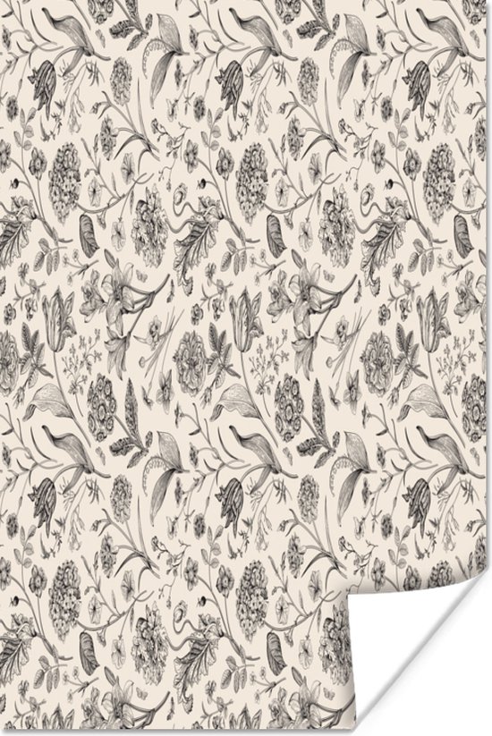 Poster Fleurs - Zwart - Wit - Feuilles - 80x120 cm