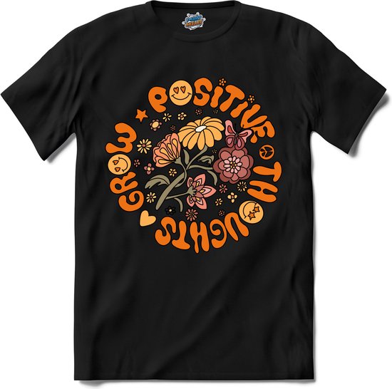 Foto: Flower power grow positive thoughts vintage aesthetic t shirt heren zwart maat l