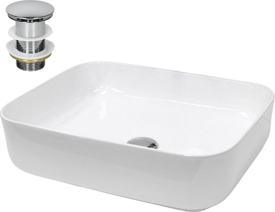 Lavabo blanc en céramique avec bouchon de vidange chromé, rectangulaire et sans trop-plein.