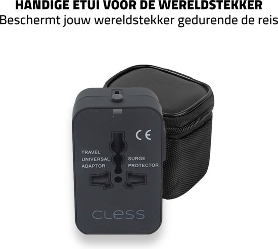 Cless- Universele Wereldstekker USB-C Poort - Incl. opbergtas - Internationale Reisstekker voor 150+ landen - Engeland (UK) - Amerika (USA) - Australië - Azië - Zuid Amerika - Afrika - Reisadapter  - Oplader – Zwart - Cless