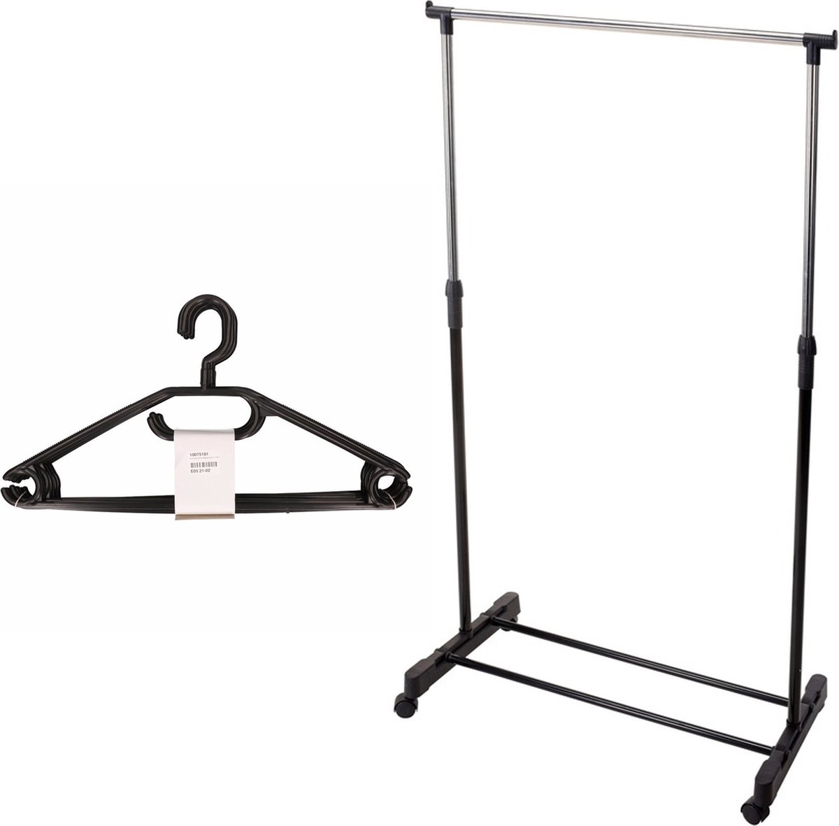 Mobiel kledingrek met kleding hangers - 10 kunststof hangers - zwart