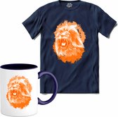 Oranje Leeuw - Oranje elftal WK / EK voetbal kampioenschap - bier feest kleding - grappige zinnen, spreuken en teksten - T-Shirt met mok - Heren - Navy Blue - Maat 3XL