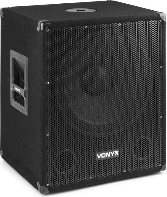 Zwarte Vonyx subwoofer met een geperforeerd frontpaneel.