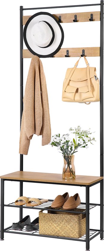 Porte-manteau de vestiaire avec banc, 9 Crochet à chaussures - Brun miel
