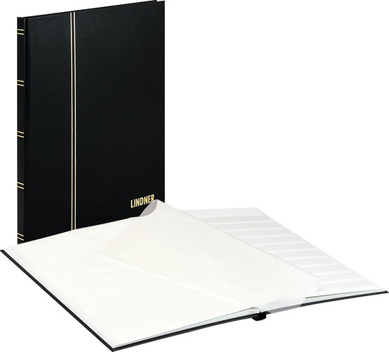 Zwart postzegelalbum van Lindner met twee gouden verticale strepen en drie horizontale lijnen op de rug. Het album is open met witte bladen.