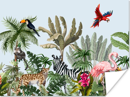 Poster Jungle - Flamingo - Aap - Jongens - Meisjes - Kids - 80x60 cm - Poster Kinderkamer