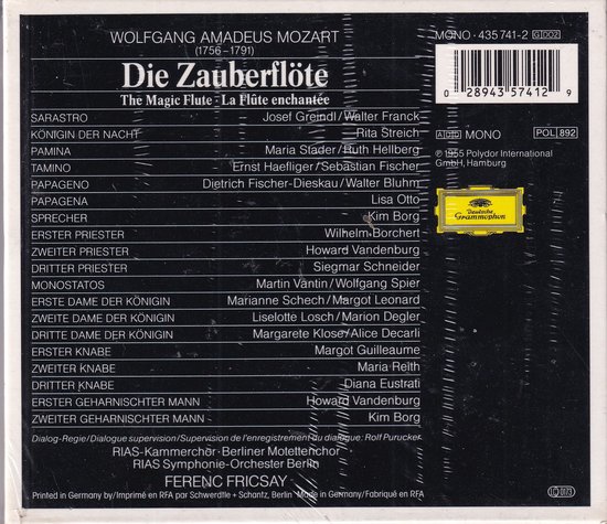 Achterkant van de hoes van Mozart's Die Zauberflöte, met tracklist en credits.