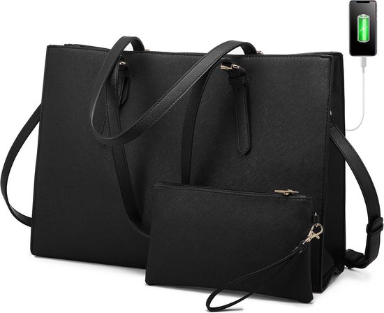 Lubellie® Dorina Elegante Tweedelige Dames Handtassen set met een laptop vak voor 15,6 inch Laptops - Laptoptas voor dames - Dames laptoptas - Met usb poort - Handtas - Schoudertas - Laptoptas - Clucht - Zwart